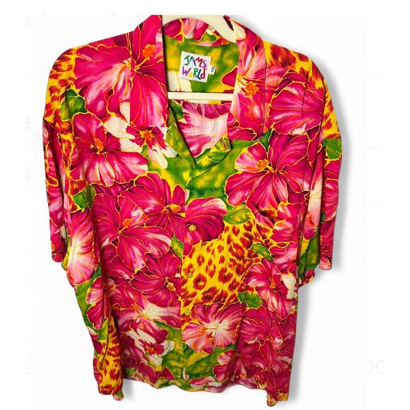Rare Vintage Jams World Hawaiian Shirt XXL pink hibiscus leopard print pattern. - Picture 1 of 8